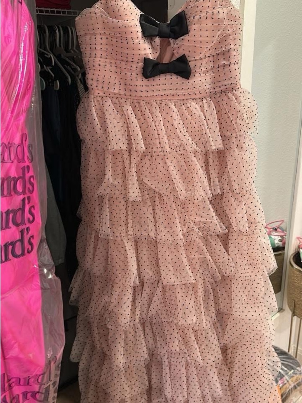 City Studios Pink Polka Dot Ruffle Formal Dress with Black Bows